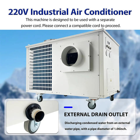 Rock Solid Industrial Air Conditioner Portable Commercial Spot Cooler 220V 61000 Btu 7200W with external drain outlet.