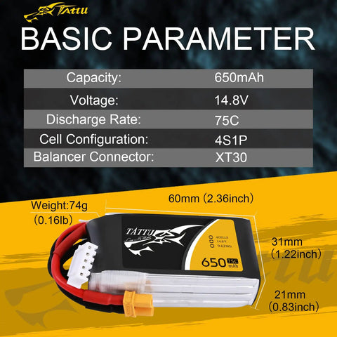 650mAh 4S1P 75C 14.8V LiPo Battery With XT30 Plug For RC Drones And FPV Racing, Lightweight 60x31x21mm Pack.