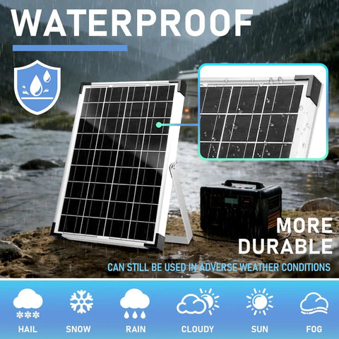 Monocrystalline 20W 12V/24V Solar Panel Kit With Trickle Charger on rocky riverbank in rainy weather