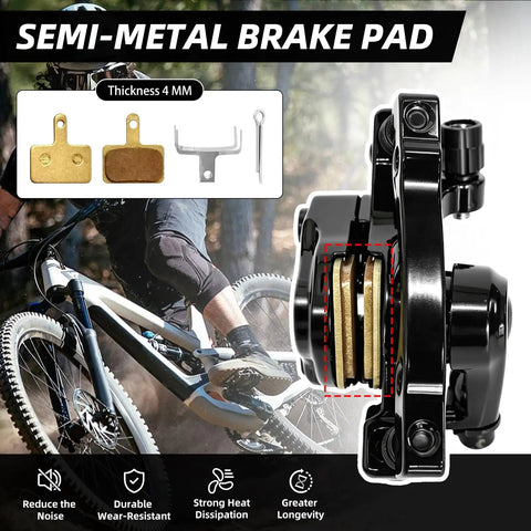 Detail of mountain bike with semi-metal brake pad and 4mm thickness, highlighting durable Alloy Mechanical Disc Brake Kit.