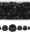 Round Black Plastic Hole Plugs Kit, 180 Pcs Self-Locking Panel Knockout Plugs for Kitchen Cabinets and Furniture in seven sizes shown