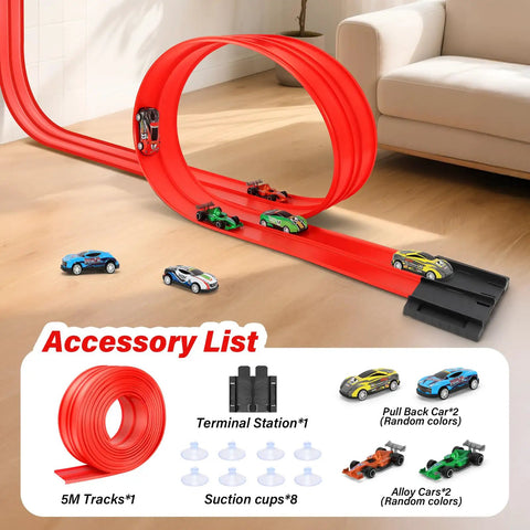 Flexible Roll Up Two Lane Race Track For Kid Friendly Play With Suction Cups Includes Four Mini Diecast Cars 1 64th Scale Compatible setup