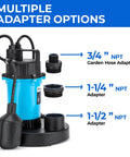 Half Horsepower Submersible Sump Pump With Automatic Float Switch 2980 GPH Workhorse showing multiple adapter options