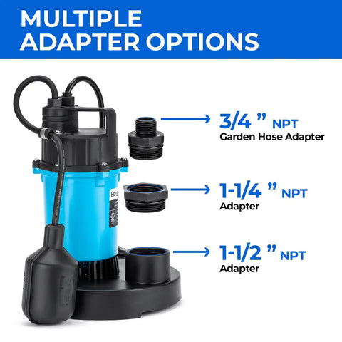 Half Horsepower Submersible Sump Pump With Automatic Float Switch 2980 GPH Workhorse showing multiple adapter options