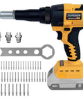 Workhorse Cordless Rivet Gun With Brushless Motor And One Button Auto Riveting For 20V Batteries Including Aluminum Rivets Quick Swap Nose And Bright Led Work Light Tool Only with rivets and wrench.
