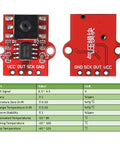 Red 3.3–5V digital air pressure sensor module; front pins VCC OUT SCK GND, back pins GND SCK OUT VCC; 0–40 kPa, 2.5mm tube.