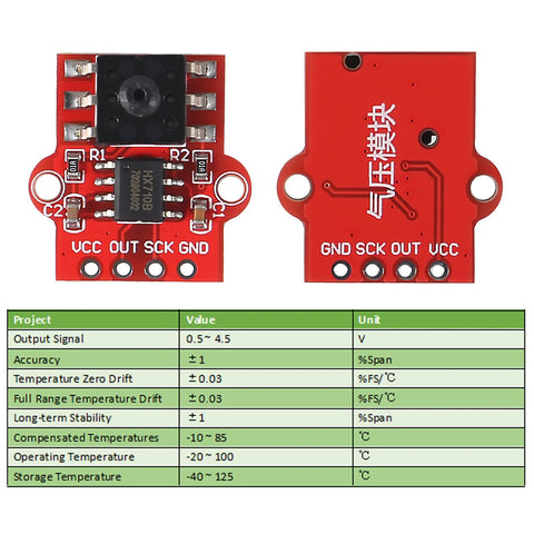 Red 3.3–5V digital air pressure sensor module; front pins VCC OUT SCK GND, back pins GND SCK OUT VCC; 0–40 kPa, 2.5mm tube.