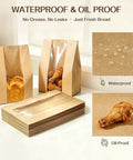 100 Pack Bread Bags With Clear Window And 120 Stickers For Homemade Bread Storage Sourdough Bread Bags For Bread Cookies And Snacks In Large Bakery Paper Bags displaying waterproof and oil-proof features with fried chicken inside.