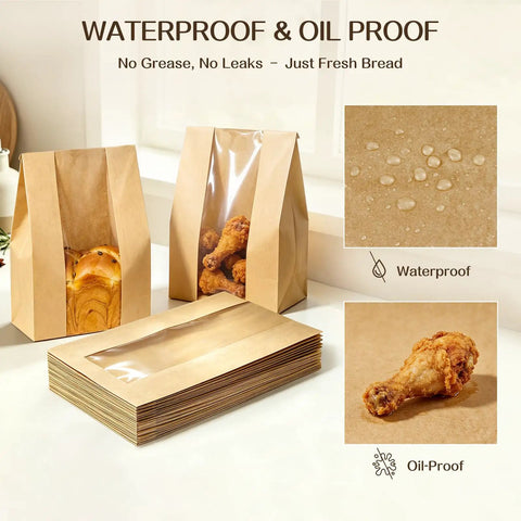 100 Pack Bread Bags With Clear Window And 120 Stickers For Homemade Bread Storage Sourdough Bread Bags For Bread Cookies And Snacks In Large Bakery Paper Bags displaying waterproof and oil-proof features with fried chicken inside.