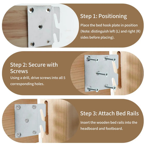Step-by-step guide for Premium Top Notch Heavy Duty Four Pack Bed Rail Brackets Installation with screws and wood.