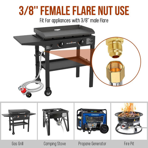 Adjustable 0 to 30 PSI Propane Regulator With Gauge And Stainless QCC1 Hose 5 Feet Length Three Eighths Flare To One Eighth MNPT Fittings Gas Flow Indicator Fits LP Grills Burners Turkey Fryers Smokers shown with grill and appliances