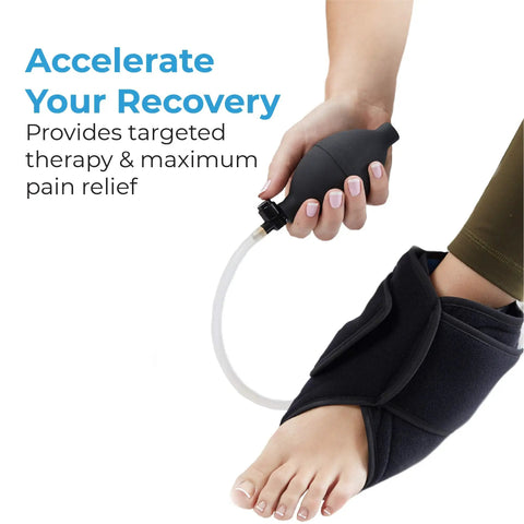 Person using air pump with Hot And Cold Ankle Brace With Air Compression Gel Ice Pack For Ankle Pain Achilles Tendonitis Bursitis And Swelling Relief Ankle Sprain Support Wrap For Men And Women Portable Pain Therapy Kit