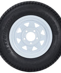 Front view of Trailer Tire And Wheel Set With ST175/80D13 Tire On 13 Inch Rims, 5 Lug On 4.5 Inch Bolt Pattern, Load Range C, 6PR, 50 Psi Max, White 13x5 Wheels, Set Of 2