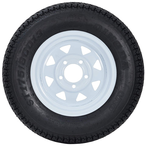 Front view of Trailer Tire And Wheel Set With ST175/80D13 Tire On 13 Inch Rims, 5 Lug On 4.5 Inch Bolt Pattern, Load Range C, 6PR, 50 Psi Max, White 13x5 Wheels, Set Of 2