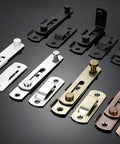 Four Pack Premium White Stainless Steel Barn Door Latches Flip Slide Bolt Hardware featuring various colors and finishes on display.