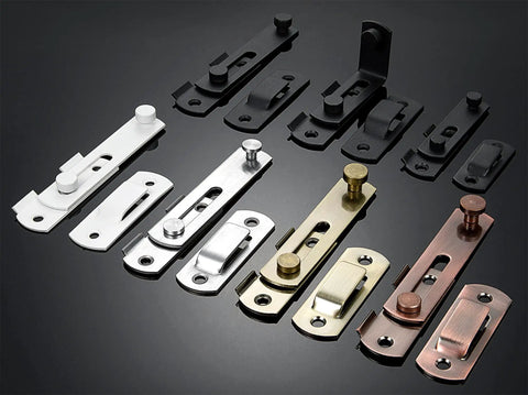 Four Pack Premium White Stainless Steel Barn Door Latches Flip Slide Bolt Hardware featuring various colors and finishes on display.
