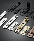 Matte Black 90 Degree Flip Barn Door Lock Latches, Stainless Steel Gate Latch Security Door Latch for Barn Doors, Sliding Doors, Wine Cabinets, 4 Pack in various finishes displayed on black surface