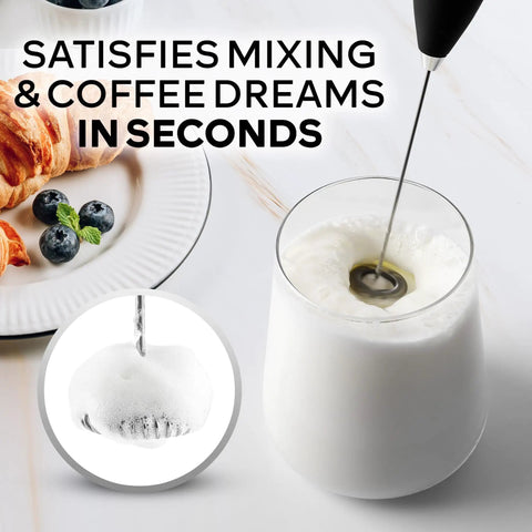 Ultra Fast Handheld Milk Frother Wand With Duracell Batteries For Rich Coffee Foam In Seconds frothing milk in glass