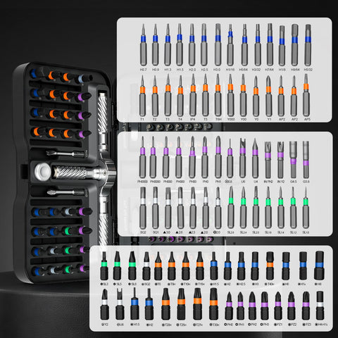 115-In-1 Magnetic Screwdriver Set With Ratchet, S2 Steel Drill Bits open case showing various bit types and sizes