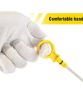 Gloved hand holding Dipstick Replacement For 2.0L EcoBoost Engines OEM CJ5Z-6750-A with comfortable yellow handle