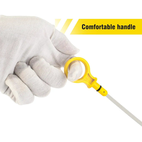 Gloved hand holding Dipstick Replacement For 2.0L EcoBoost Engines OEM CJ5Z-6750-A with comfortable yellow handle