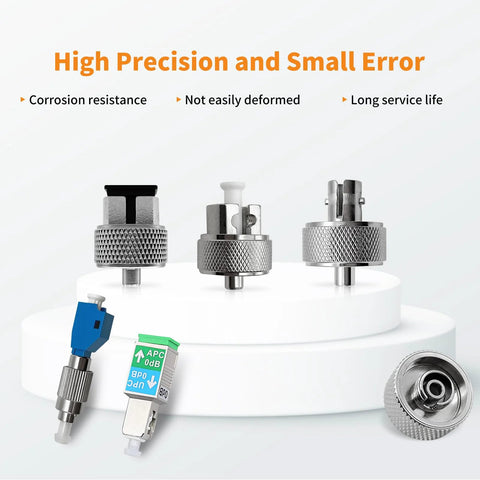 Front view of six knurled metal fiber optic adapters; includes FC/UPC, SC, ST, LC, FC/UPC-LC/UPC, SC/UPC-APC.