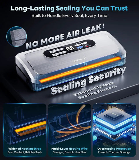 Advanced Vacuum Sealer With AirLock ProSeal System highlighting sealing security and multi-layer heating wire features.
