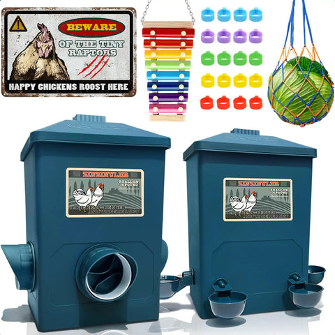 Automatic Chicken Feeder And Cup Waterer Set For Backyard Flocks No Waste Poultry Design with dual hoppers and cup waterers.