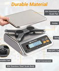 Pro Grade Commercial Food Scale With Pound And Ounce Conversions Rechargeable Stainless Steel Platform For Meat Shop Delis And Produce Markets Up To 66 Lb Capacity With Five Unit Options Kg G Lb Oz featuring durable 304 stainless steel pan and adjustable feet.