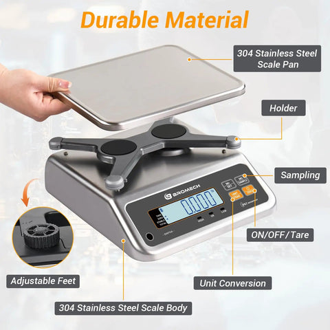 Pro Grade Commercial Food Scale With Pound And Ounce Conversions Rechargeable Stainless Steel Platform For Meat Shop Delis And Produce Markets Up To 66 Lb Capacity With Five Unit Options Kg G Lb Oz featuring durable 304 stainless steel pan and adjustable feet.