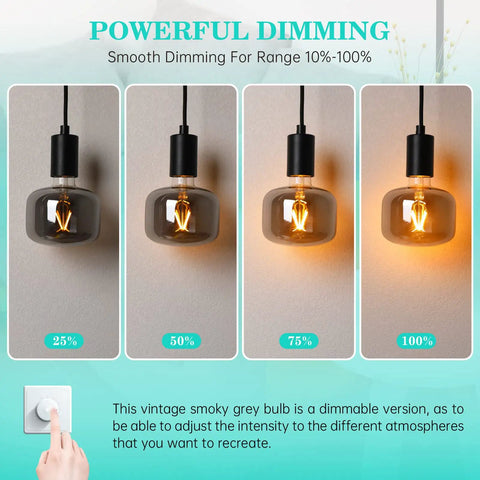 Display of dimmable Large Vintage E26 Edison LED Globe Bulb 20W Equivalent 2200K in smoky gray glass at various brightness levels