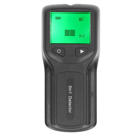Eujgoov Stud Finder Wall Scanner 5 in 1 Detector with HD LCD Display showing front view with controls and green screen.