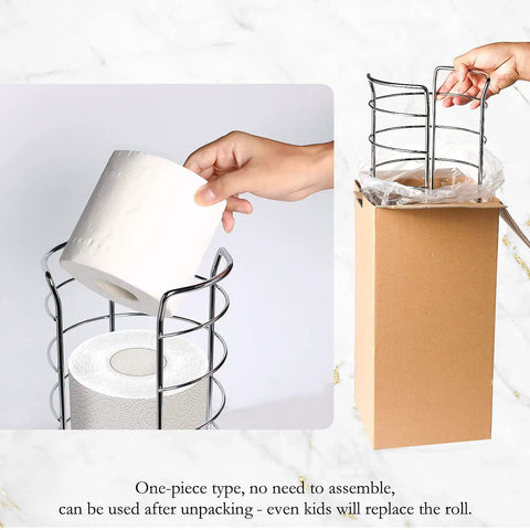 Free Standing Toilet Paper Holder Stand In Brushed Nickel Stainless Steel, Holds 3 To 4 Rolls shown with easy paper roll storage
