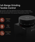 Badass Electric Coffee Grinder With 150 Tight Adjustments, Slick Stainless Steel Housing, And Knockout Uniform Grind For Espresso Pour Over And French Press In Matte Black with adjustable settings for grinding.