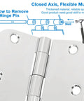 Close-up of a polished chrome door hinge showing hinge pin removal instructions, part of 12 Pack 3.5 Inch Door Hinges With Rounded Ends And Polished Chrome Finish Includes 72 Long Mounting Screws For A Smooth As Butter 270 Degree Swing And No Sweat Quick Setup For Interior Doors.