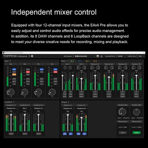 Pro Grade USB Audio Interface With 4 In 4 Out And Dual Headphone Outputs, 24 Bit 192 Kilohertz, Real Time Monitoring Control Screen