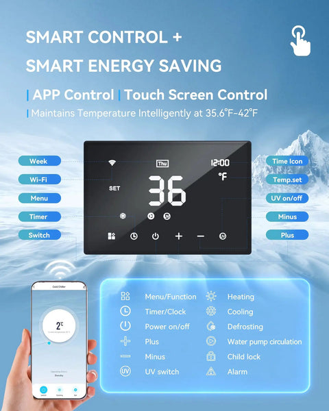 Heavy Hitter Ice Bath Water Chiller And Heater With Smart Touchscreen shows app control and temperature settings for gym recovery.