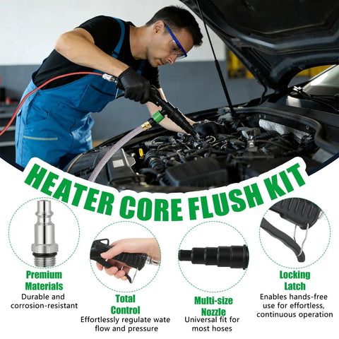 Heavy Duty Radiator Coolant Flush Gun With Manual Twin Pump To Blow Out Stubborn Buildup And Rust From Heater Cores And Entire Cooling System For A Smooth Running Rig in use on vehicle engine.