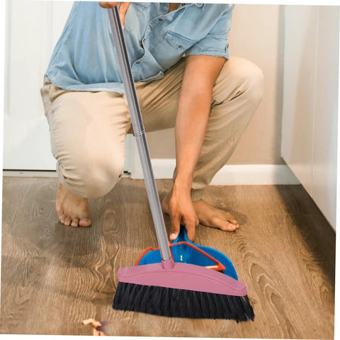 Legit Heavy Duty Pink Broom With Sturdy Steel Handle And Ultra Soft Bristles For Zero Sweat Indoor And Outdoor Floor Cleanup Compact Reusable Dust Brush That Really Cleans in use on hardwood floor.