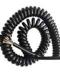 Rugged Slick Retractable Coiled Wire Five Core 13 AWG Spring Extension Cable Stretches Up To 15 Meters, black spiraled design.