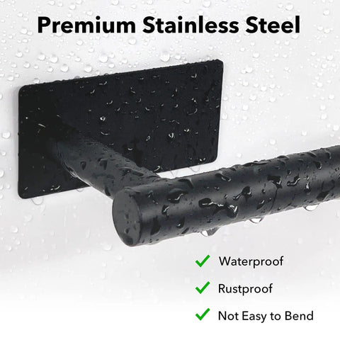 Self-Adhesive Toilet Paper Holder No Drill Matte Black Stainless Steel Wall Mounted for Bathroom with water droplets on it