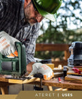 Man wearing 12 Pairs Large Hi Vis Heavy Duty Durable Cowhide Leather Work Gloves With Orange Fingertip Design using power tool
