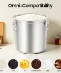 Built Like A Tank 304 Stainless Steel Airtight Canister For Kitchen Storage filled with flour, showcasing its capacity for rice, tea, oil, and spices.