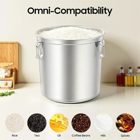 Built Like A Tank 304 Stainless Steel Airtight Canister For Kitchen Storage filled with flour, showcasing its capacity for rice, tea, oil, and spices.