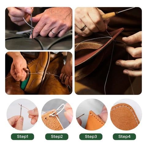 Steps showing usage of Three Spool Nylon Thread Sewing Kit With Pro Grade 3 Spools Of 80 Yards In Black White And Brown Heavy Duty Needles Set