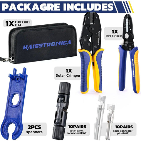 All In One Solar Crimping Tool Kit With Stripper And Spanners, 10 Pairs MC4 Connectors For PV Cable Install, AWG14-10, tools and bag