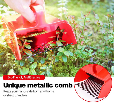 Berry Picker Kit With Metallic Comb And Ergonomic Handle For Easy Hassle Free Harvesting Of Berries Without Crushing Them Or Snags Keeps Hands Safe From Thorns Eco Friendly Garden Tool For Fresh Picks red comb used on berry shrub