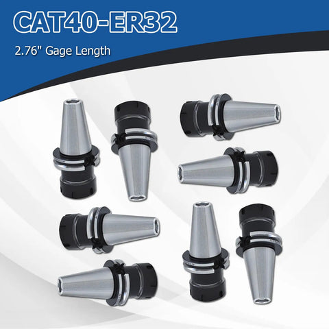 CAT40 ER32 Collet Chuck 2.76 Inch Gage Length 8 piece tool holder set displayed in a grid for CNC engraving and milling tools