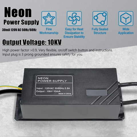 High Power Neon Sign Transformer For Glass Neon Lights 10KV 30mA Power Supply 120V AC 50 Hertz 60 Hertz Indoor Use Low EMI