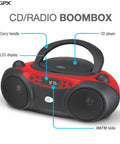 Portable Top-Loading CD Boombox With AM/FM Radio And 3.5mm Line In For MP3 Players, red and black, built-in stereo speakers